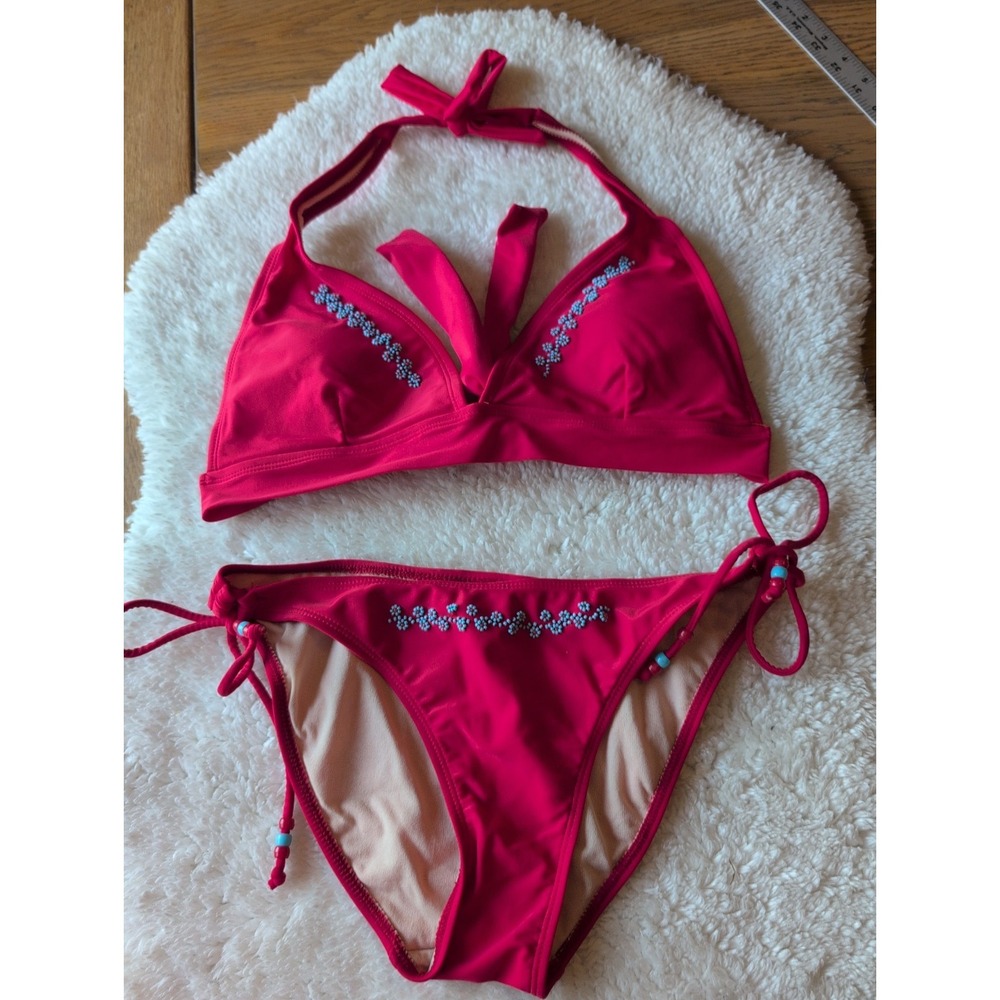 Xhilaration Sz M &L Red Beaded Bikini Set Padded Halter Swimsuit Tie Bottoms